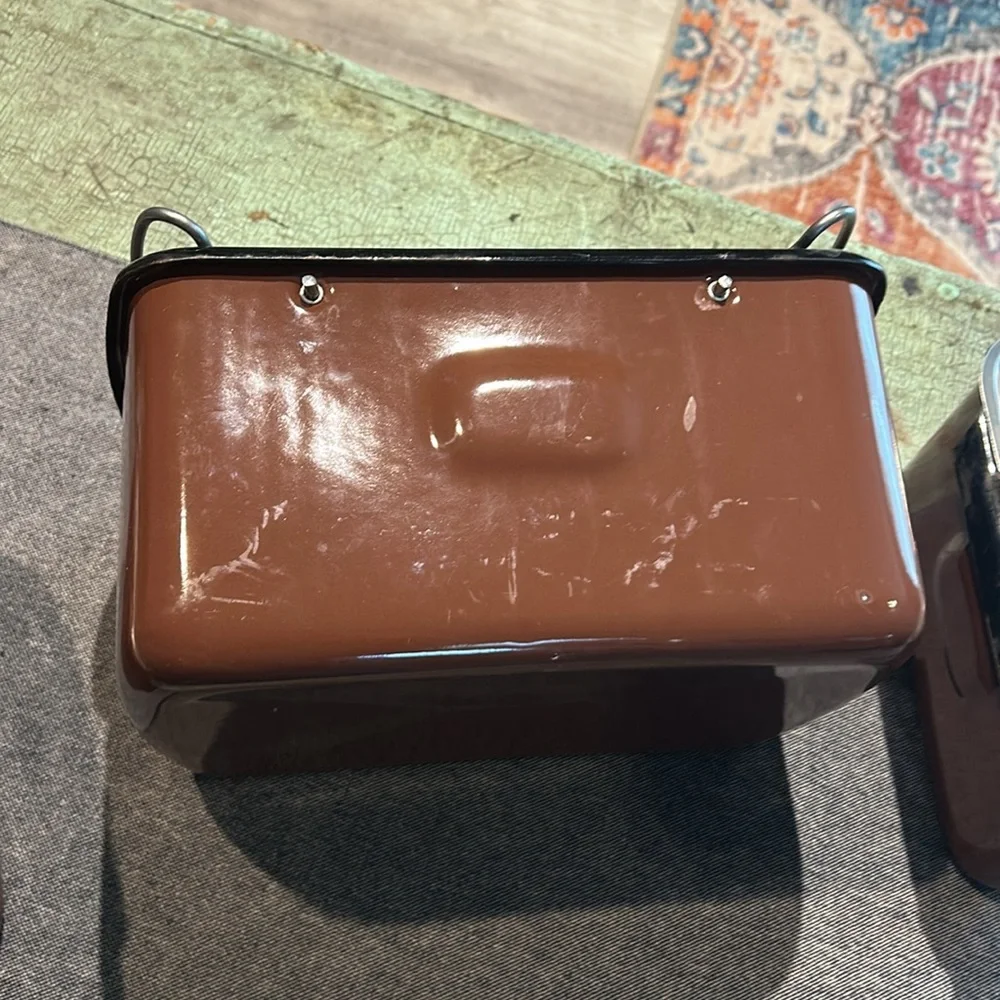 Vintage Unique Enamelware Brown Lunch Pail Box Picnic Camping Tin with Lids